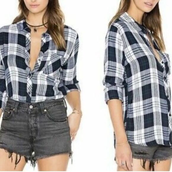 Rails Hunter Plaid Navy Blue Rayon Western Grunge Shirt Blouse Sz L - Picture 1 of 7